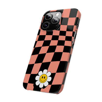 Pink and Black Checked Background with Happy Daisy iPhone Slim Phone Case - Eddy and Rita