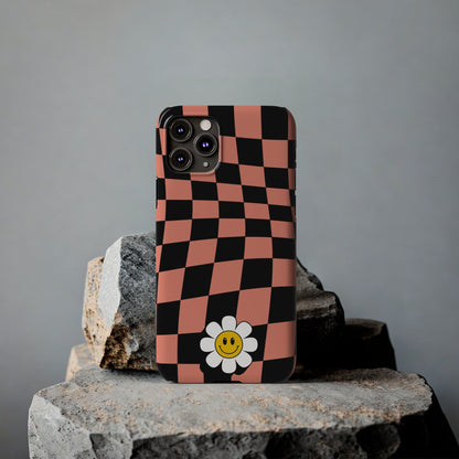 Pink and Black Checked Background with Happy Daisy iPhone Slim Phone Case - Eddy and Rita