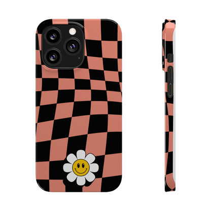 Pink and Black Checked Background with Happy Daisy iPhone Slim Phone Case - Eddy and Rita