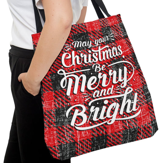 Red and Black Checked Christmas Tote Bag: 'May Your Christmas Be Merry and Bright' Holiday Carryall - Eddy and Rita