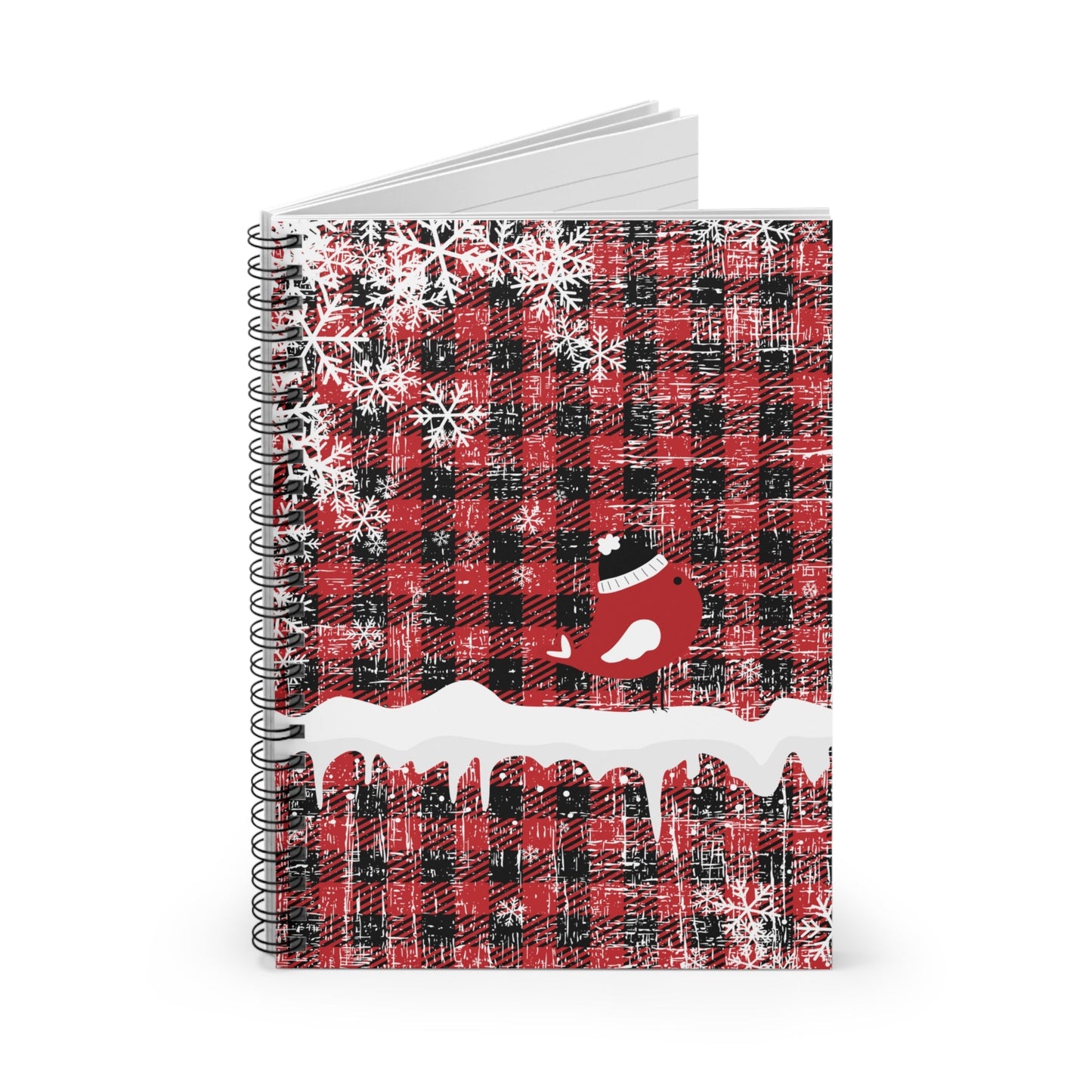 Red Checked Winter Wonderland Spiral Notebook - Ruled Line with Charming Bird and Snowflakes - Eddy and Rita