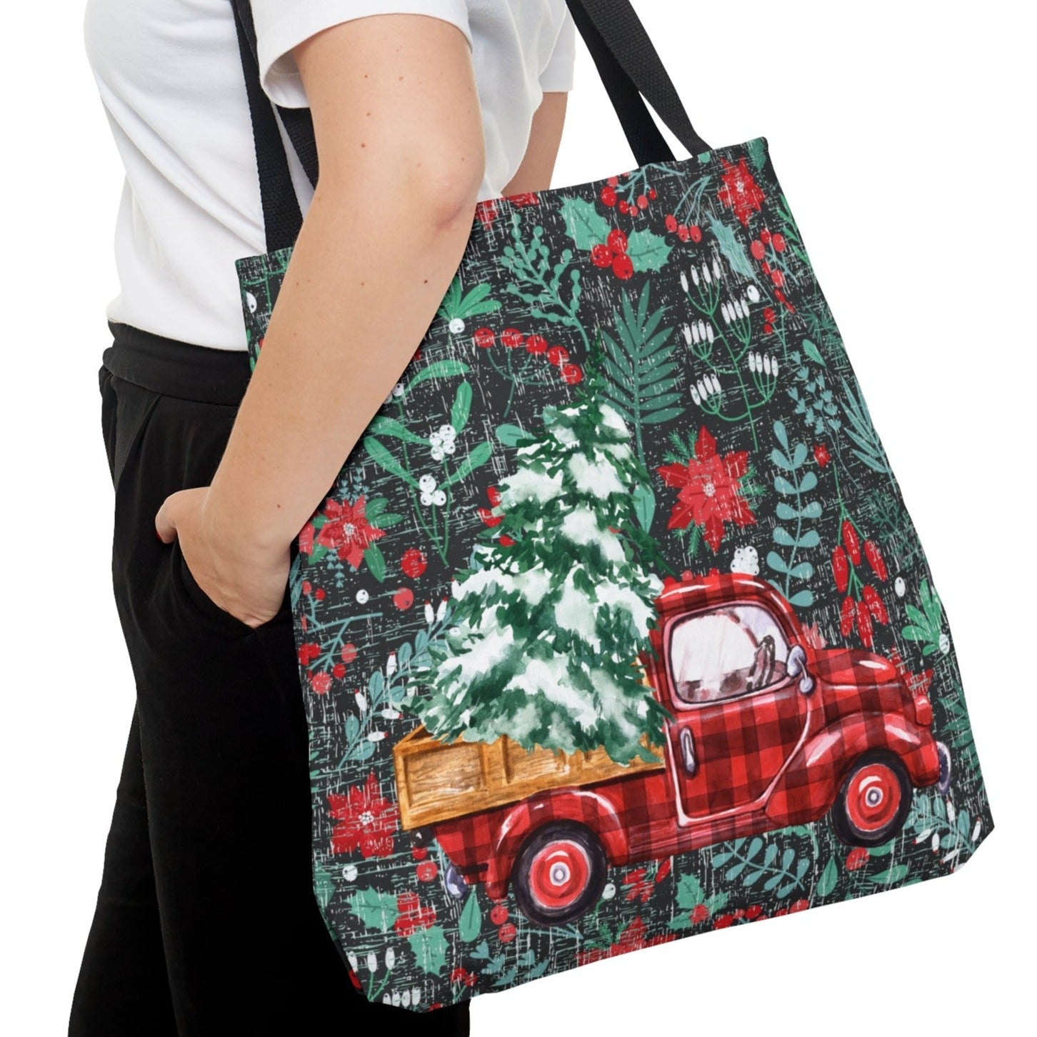 Red Truck with Christmas Tree Large Tote Bag: Festive Holiday Floral Carryall - Eddy and Rita