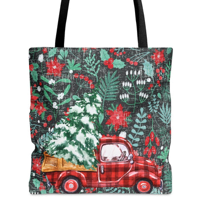 Red Truck with Christmas Tree Large Tote Bag: Festive Holiday Floral Carryall - Eddy and Rita