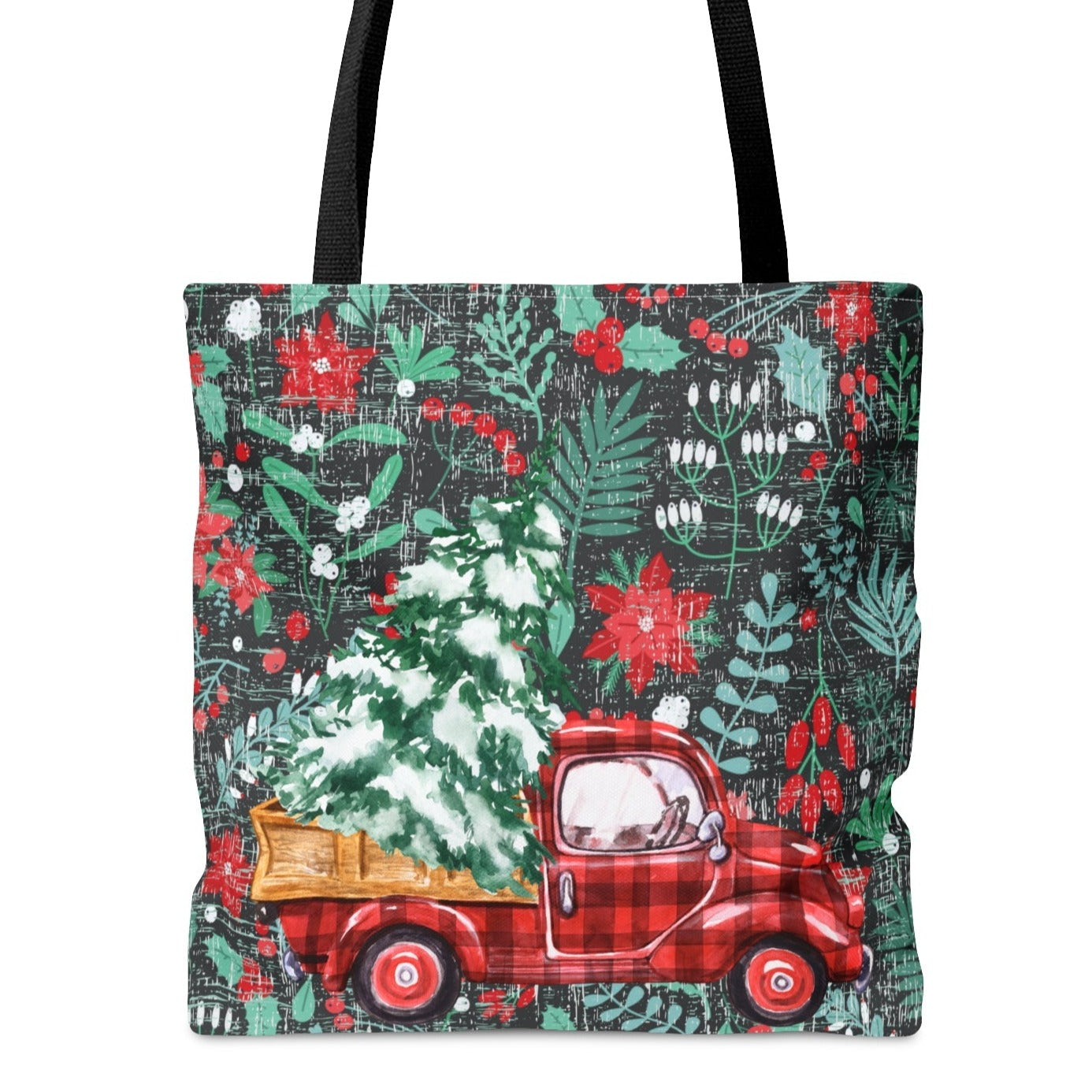 Red Truck with Christmas Tree Large Tote Bag: Festive Holiday Floral Carryall - Eddy and Rita