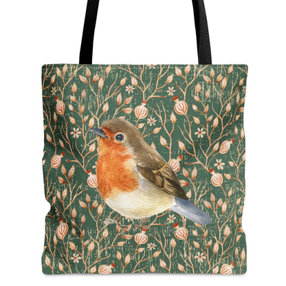 Robin on Green Floral Background Large Tote Bag - Nature-Inspired Bird Lover's Accessory - Eddy and Rita