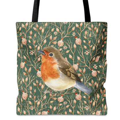 Robin on Green Floral Background Large Tote Bag - Nature-Inspired Bird Lover's Accessory - Eddy and Rita