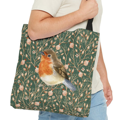 Robin on Green Floral Background Large Tote Bag - Nature-Inspired Bird Lover's Accessory - Eddy and Rita