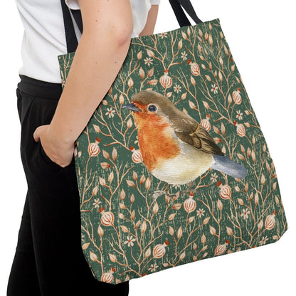 Robin on Green Floral Background Large Tote Bag - Nature-Inspired Bird Lover's Accessory - Eddy and Rita