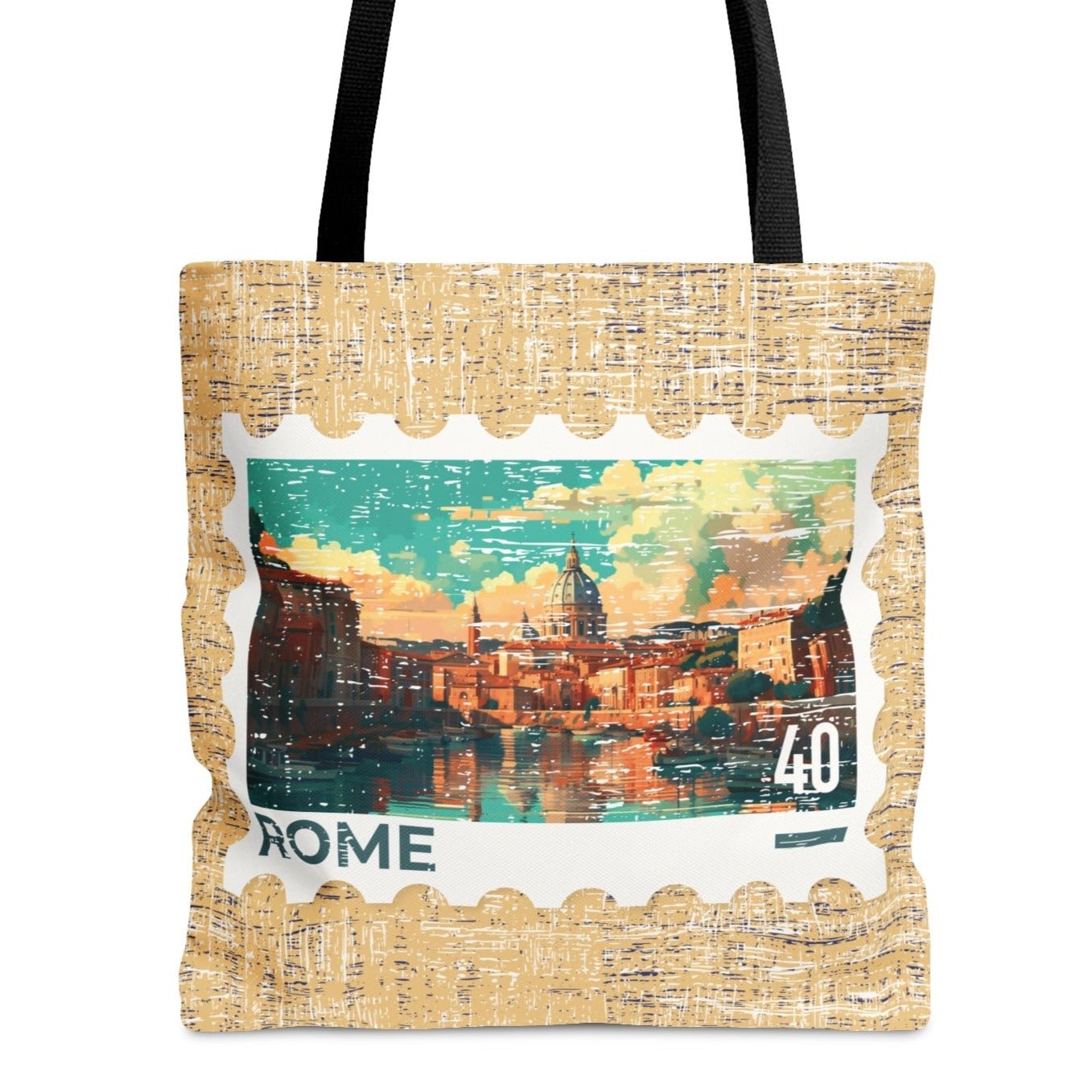 Rome Postage Stamp Tan Large Tote Bag - Italian Landmark Travel Souvenir - Eddy and Rita