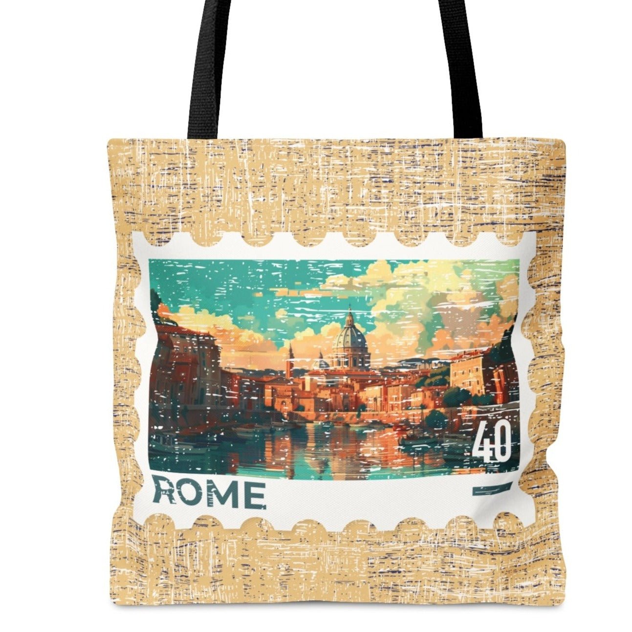 Rome Postage Stamp Tan Large Tote Bag - Italian Landmark Travel Souvenir - Eddy and Rita