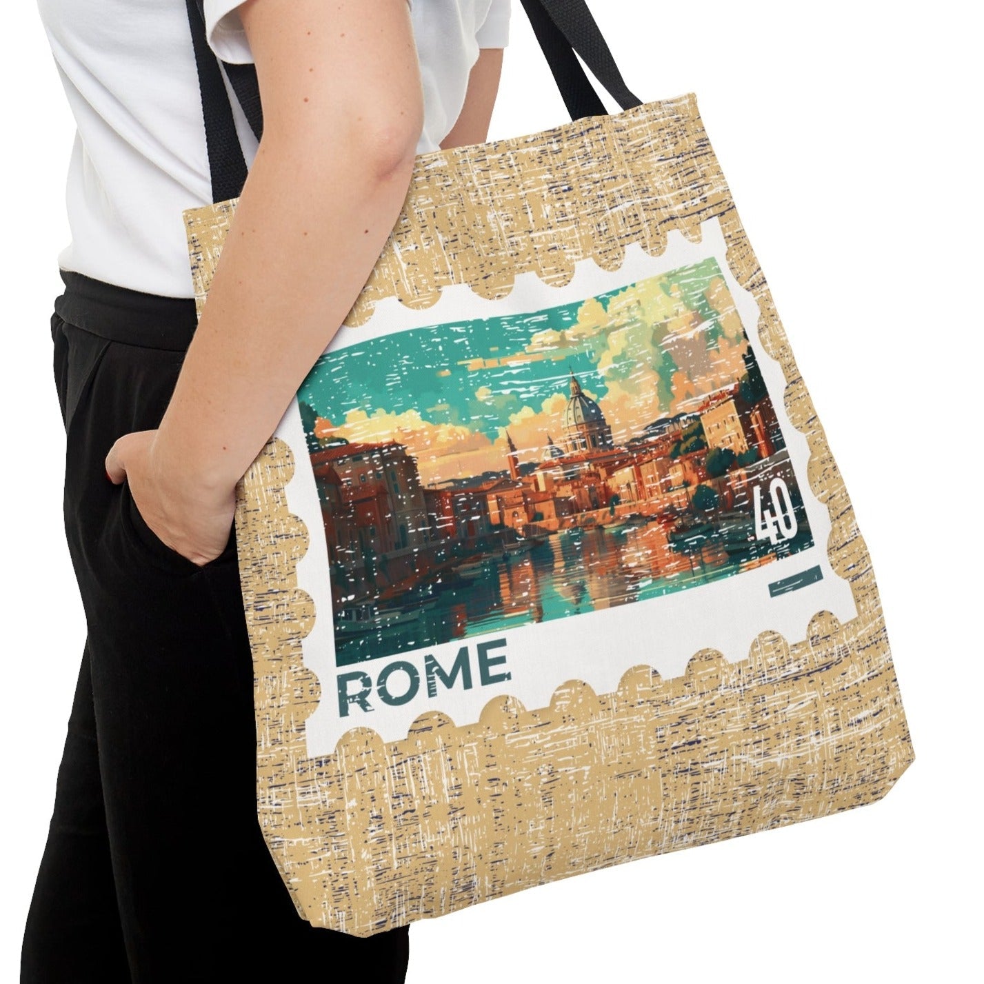 Rome Postage Stamp Tan Large Tote Bag - Italian Landmark Travel Souvenir - Eddy and Rita