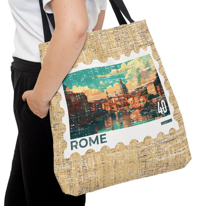 Rome Postage Stamp Tan Large Tote Bag - Italian Landmark Travel Souvenir - Eddy and Rita