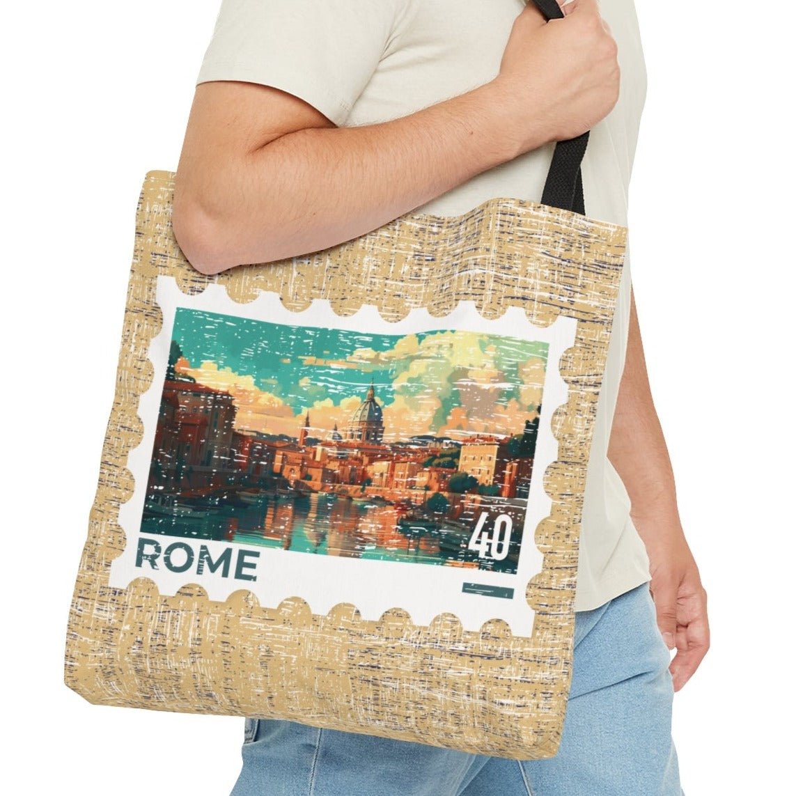 Rome Postage Stamp Tan Large Tote Bag - Italian Landmark Travel Souvenir - Eddy and Rita