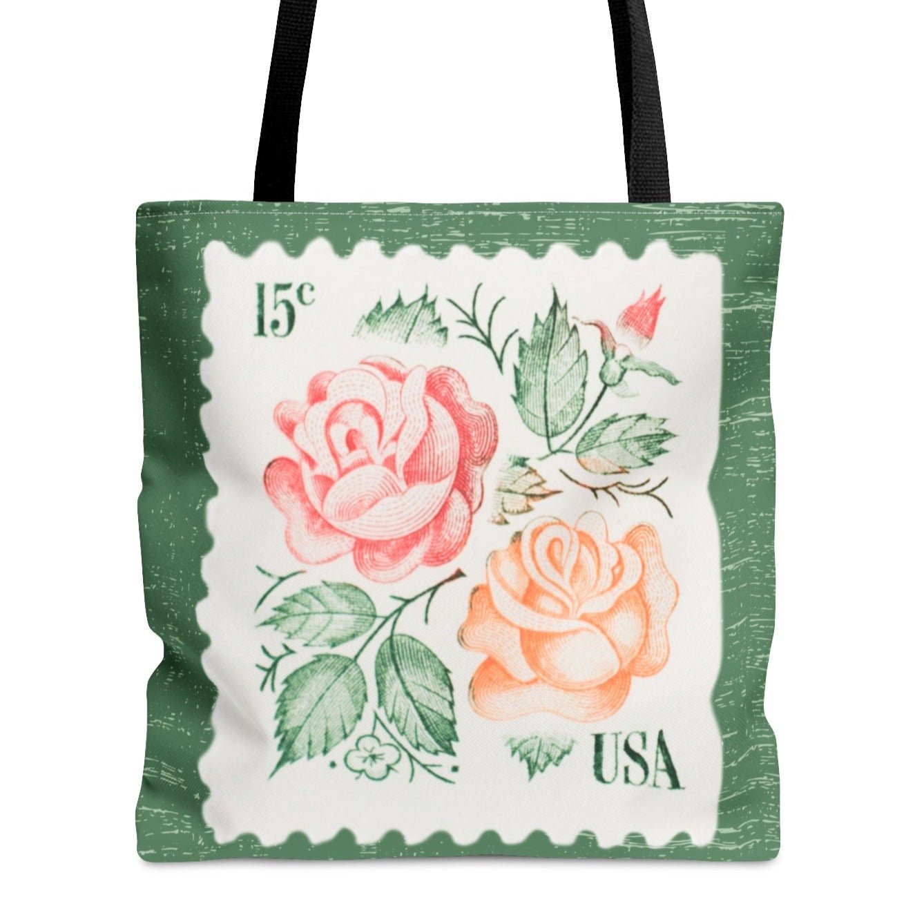 Rose Stamp on Sage Green Large Tote Bag - Elegant Floral Design - Eddy and Rita