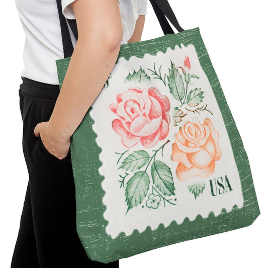 Rose Stamp on Sage Green Large Tote Bag - Elegant Floral Design - Eddy and Rita