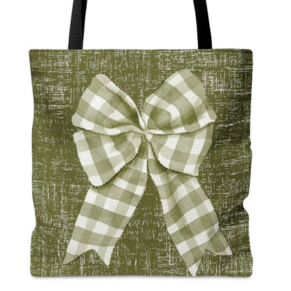 Sage Green & White Checked Bow Large Tote Bag: Elegant Sage Accents - Eddy and Rita