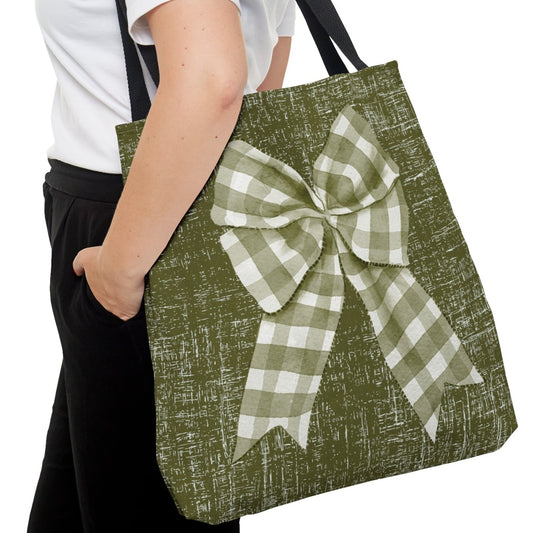 Sage Green & White Checked Bow Large Tote Bag: Elegant Sage Accents - Eddy and Rita