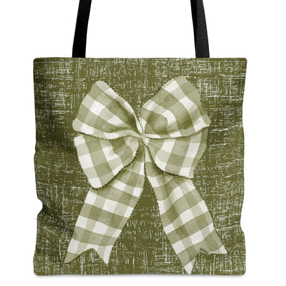 Sage Green & White Checked Bow Large Tote Bag: Elegant Sage Accents - Eddy and Rita