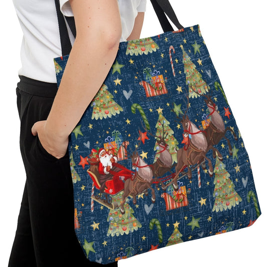 Santa on Sleigh Christmas Pattern Large Tote Bag: Festive Holiday Carryall - Eddy and Rita