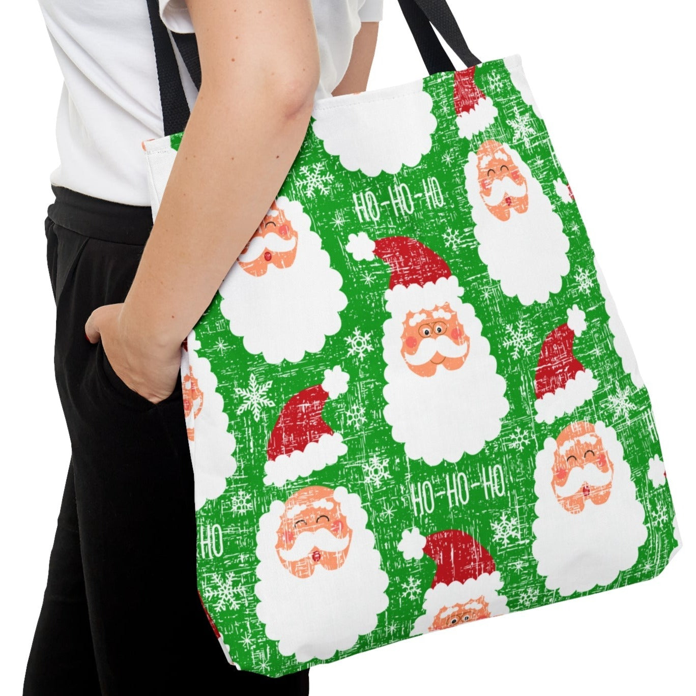 Santa Pattern on Christmas Green Large Tote Bag: Festive Holiday Carryall - Eddy and Rita