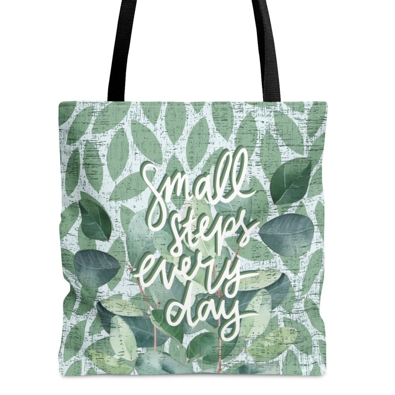 Small Steps Every Day Light Green Leaf Pattern Large Tote Bag - Inspirational Fashion Accessory - Eddy and Rita