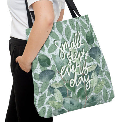 Small Steps Every Day Light Green Leaf Pattern Large Tote Bag - Inspirational Fashion Accessory - Eddy and Rita