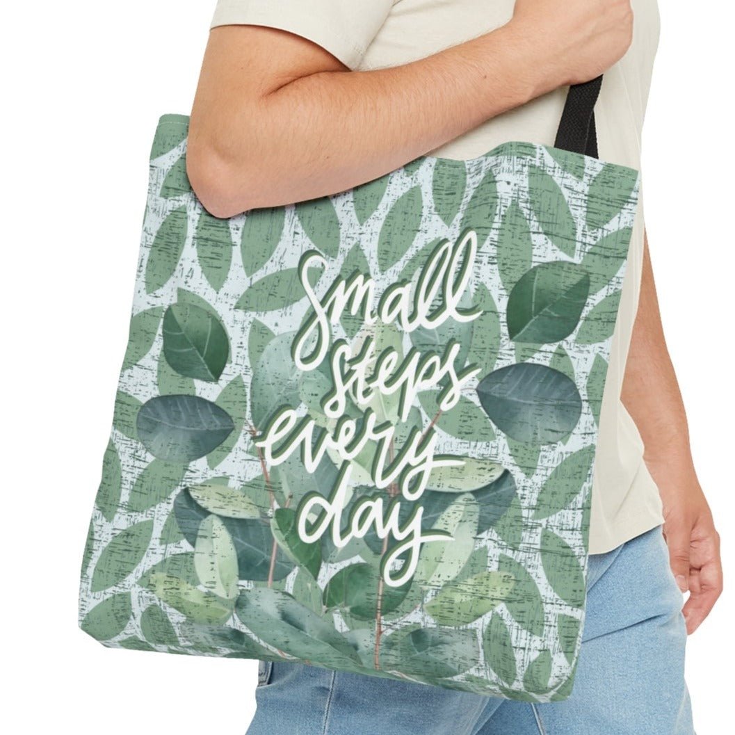 Small Steps Every Day Light Green Leaf Pattern Large Tote Bag - Inspirational Fashion Accessory - Eddy and Rita