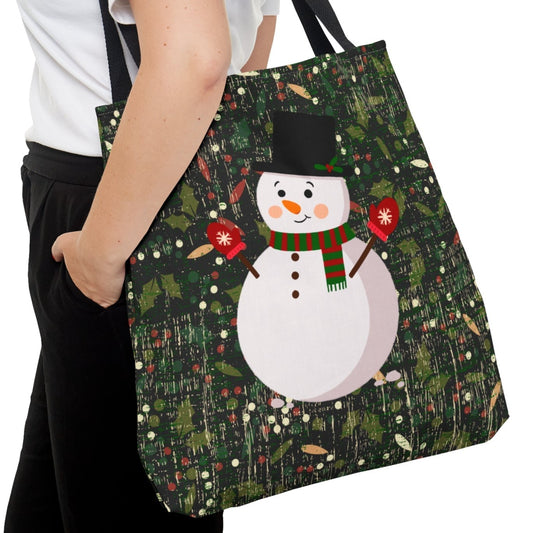 Snowman in Christmas Floral Large Tote Bag: Festive Holiday Carryall - Eddy and Rita