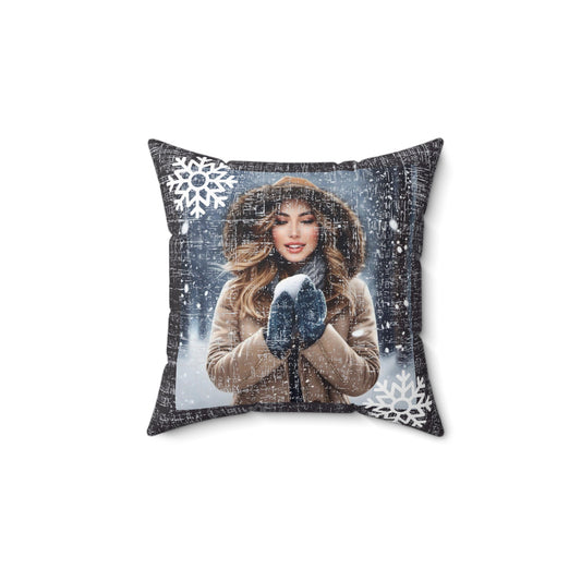 Snowy Bliss: Woman with Snowball Spun Polyester Square Pillow - Eddy and Rita