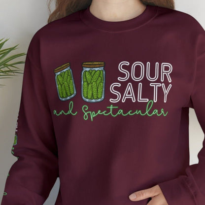 Sour, Salty, and Spectacular Pickle Jar Women's Sweatshirt: Fun Arm Detail - Eddy and Rita