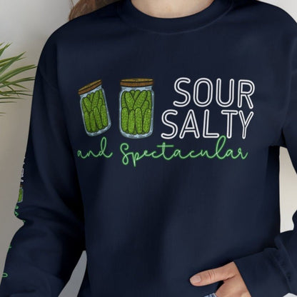 Sour, Salty, and Spectacular Pickle Jar Women's Sweatshirt: Fun Arm Detail - Eddy and Rita