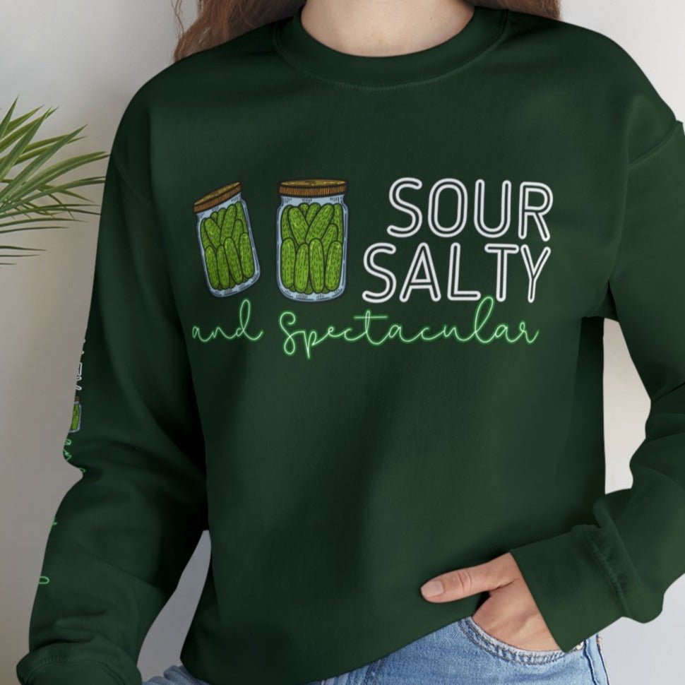 Sour, Salty, and Spectacular Pickle Jar Women's Sweatshirt: Fun Arm Detail - Eddy and Rita