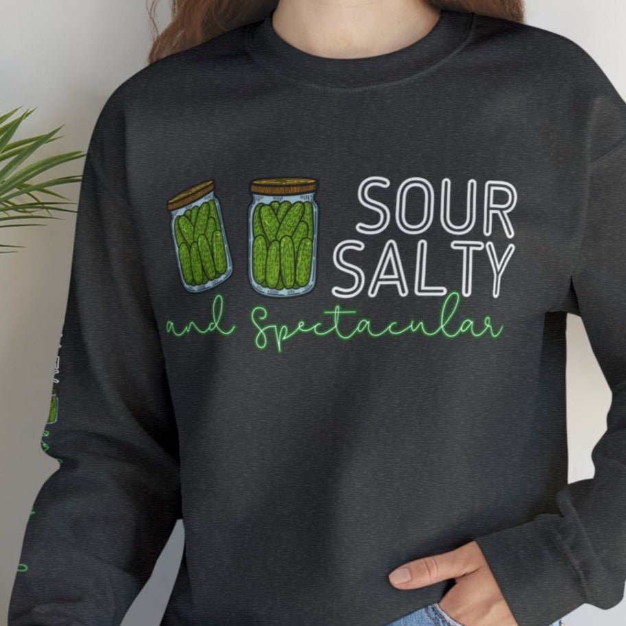 Sour, Salty, and Spectacular Pickle Jar Women's Sweatshirt: Fun Arm Detail - Eddy and Rita