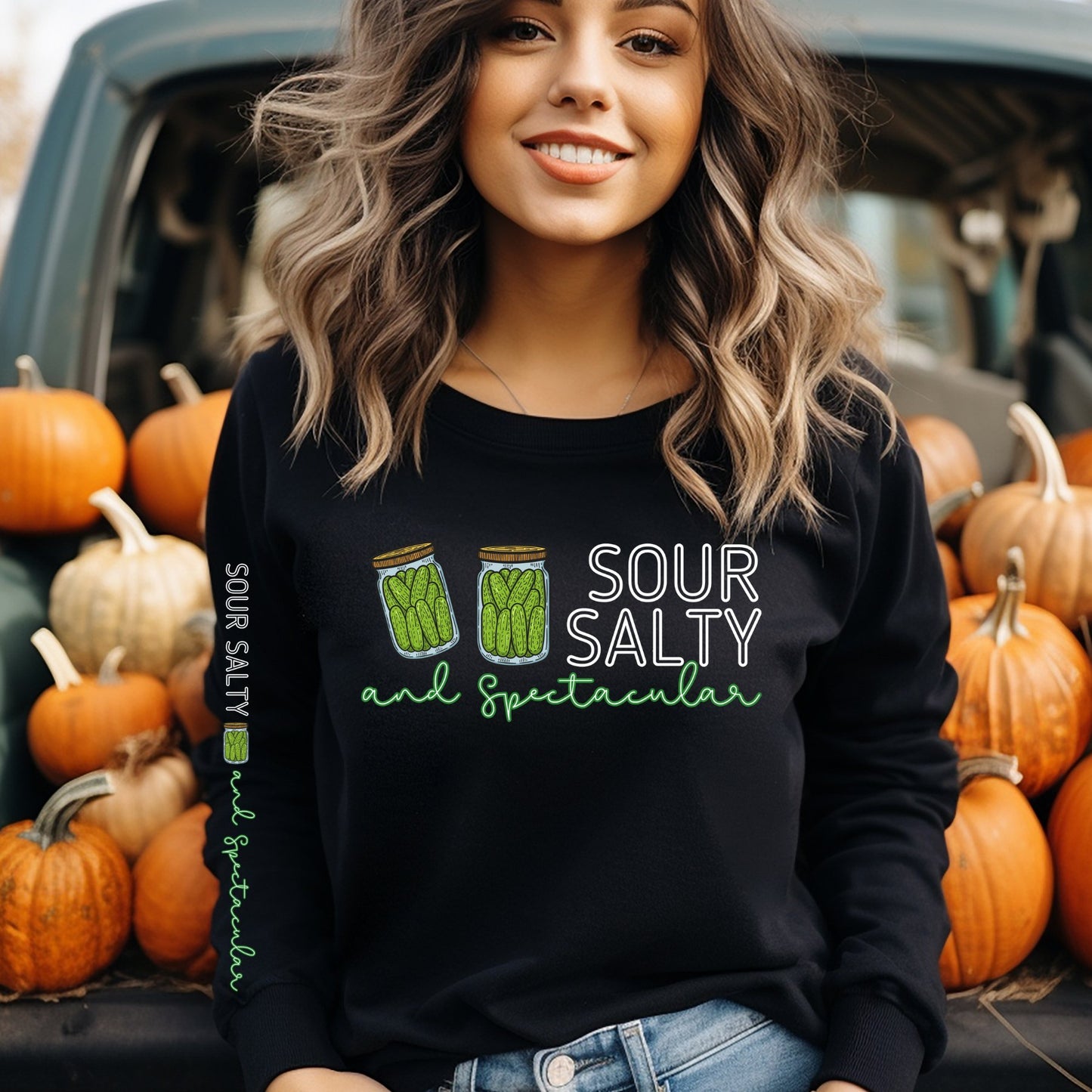 Sour, Salty, and Spectacular Pickle Jar Women's Sweatshirt: Fun Arm Detail - Eddy and Rita