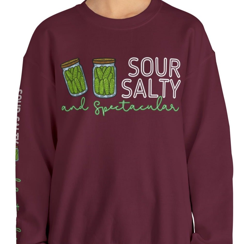 Sour, Salty, and Spectacular Pickle Jar Women's Sweatshirt: Fun Arm Detail - Eddy and Rita