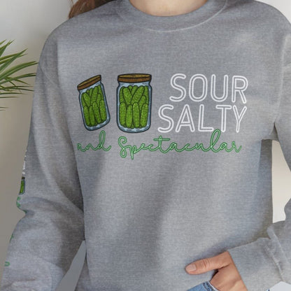 Sour, Salty, and Spectacular Pickle Jar Women's Sweatshirt: Fun Arm Detail - Eddy and Rita