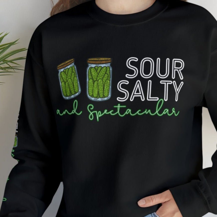 Sour, Salty, and Spectacular Pickle Jar Women's Sweatshirt: Fun Arm Detail - Eddy and Rita