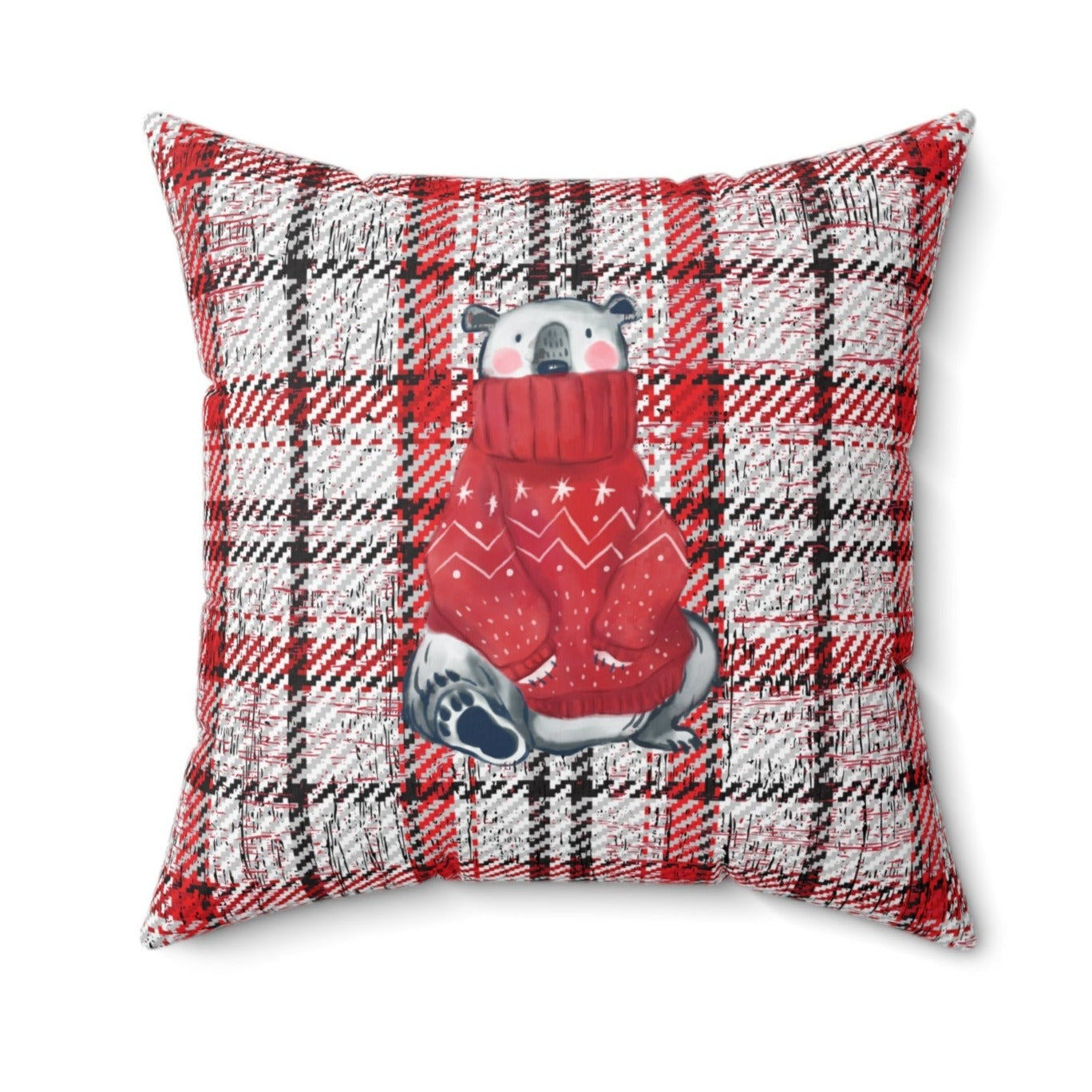 Winter Wonderland Polar Bear Pillow - Plaid Pattern - Eddy and Rita