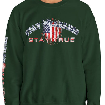 Stay Fearless, Stay True Men's Sweatshirt: American Flag & Sleeve Detail - Eddy and Rita