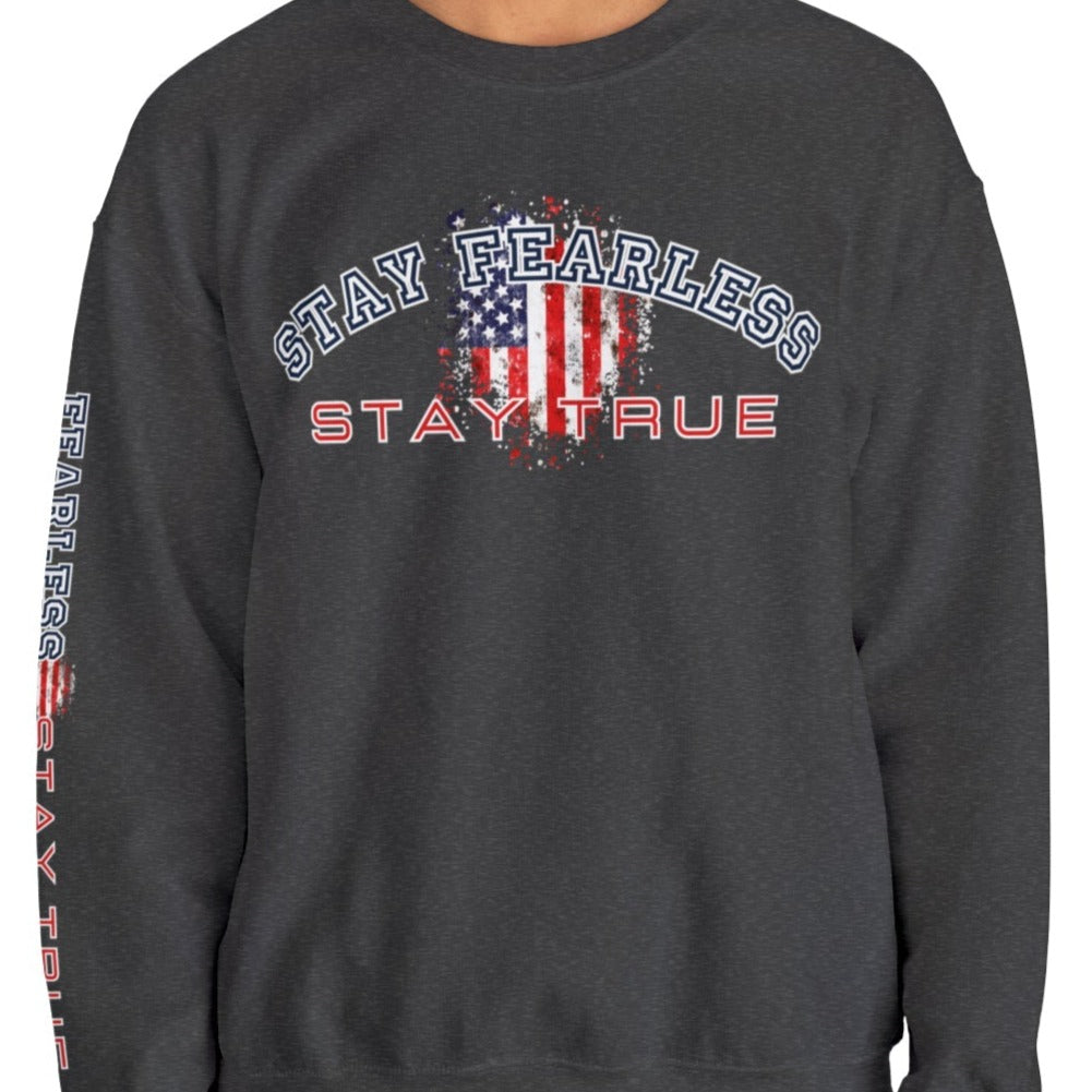 Stay Fearless, Stay True Men's Sweatshirt: American Flag & Sleeve Detail - Eddy and Rita