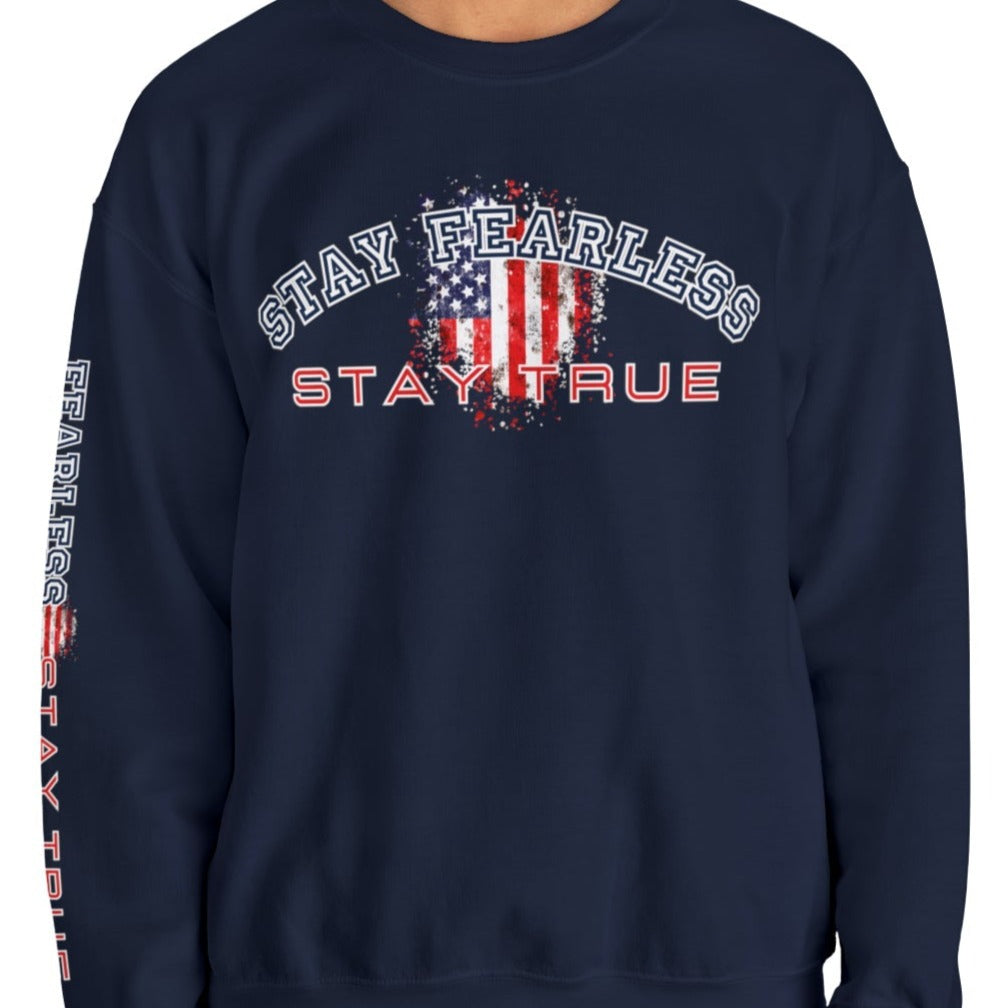 Stay Fearless, Stay True Men's Sweatshirt: American Flag & Sleeve Detail - Eddy and Rita