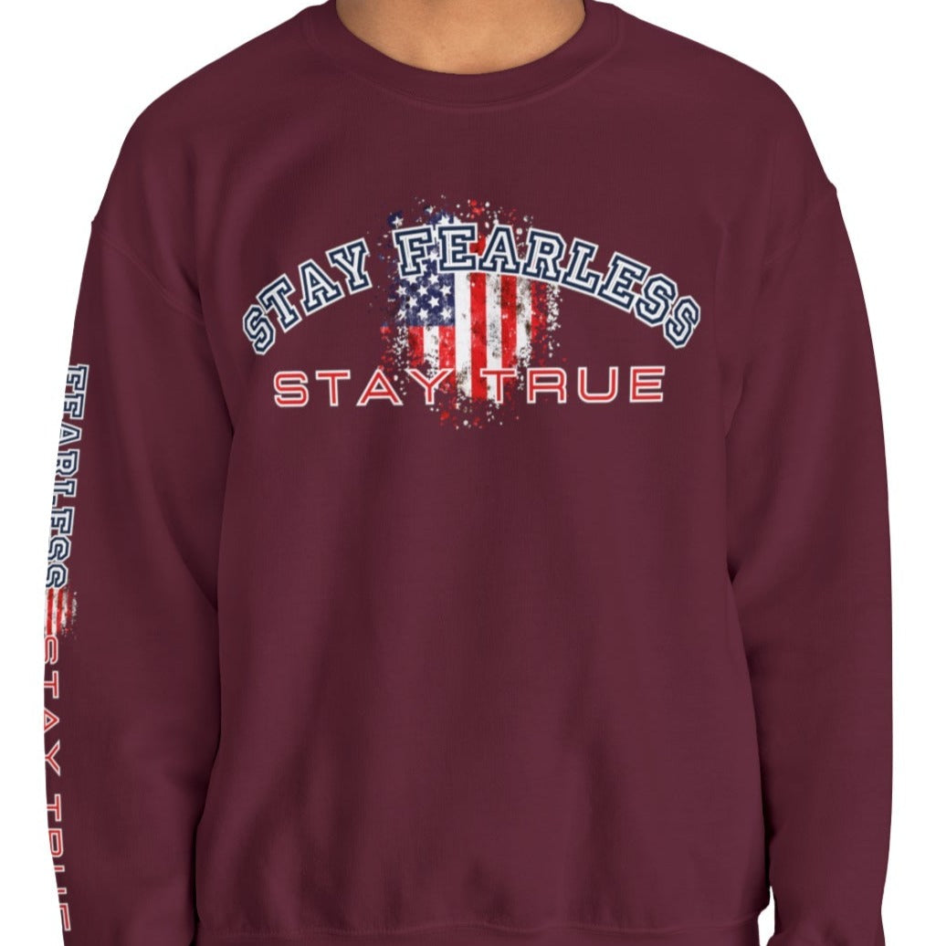 Stay Fearless, Stay True Men's Sweatshirt: American Flag & Sleeve Detail - Eddy and Rita