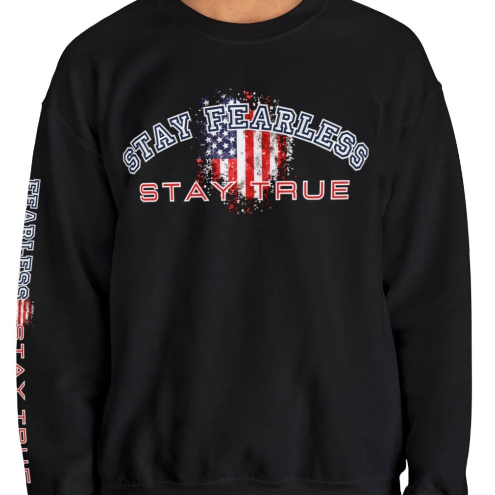 Stay Fearless, Stay True Men's Sweatshirt: American Flag & Sleeve Detail - Eddy and Rita