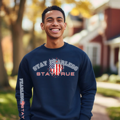 Stay Fearless, Stay True Men's Sweatshirt: American Flag & Sleeve Detail - Eddy and Rita