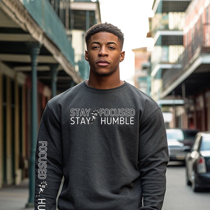 Stay Humble Stay Focused Football Men's Sweatshirt: Player & Sleeve Detail - Eddy and Rita