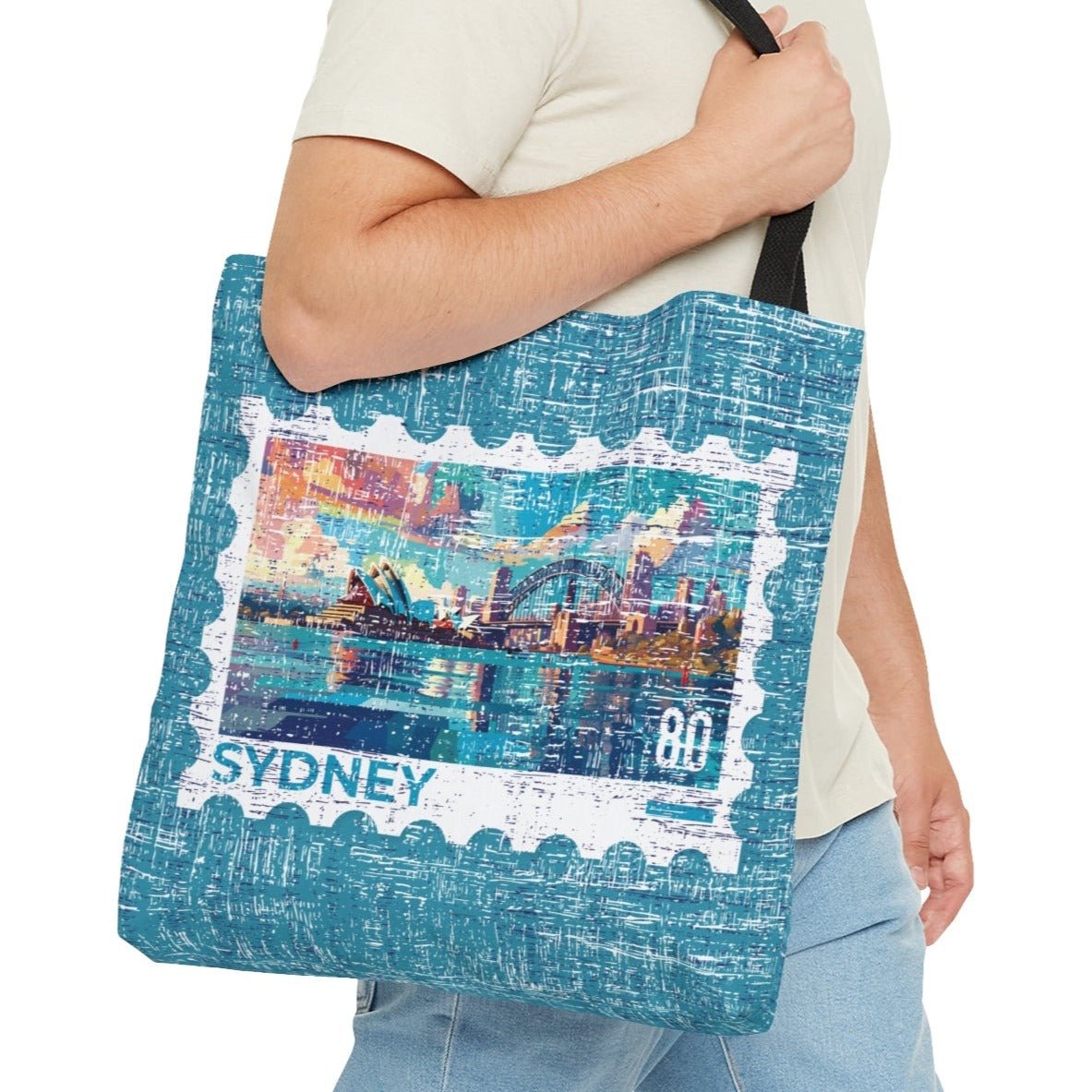 Sydney Stamp Large Tote Bag - Australian Landmark Cityscape on Blue Canvas - Eddy and Rita