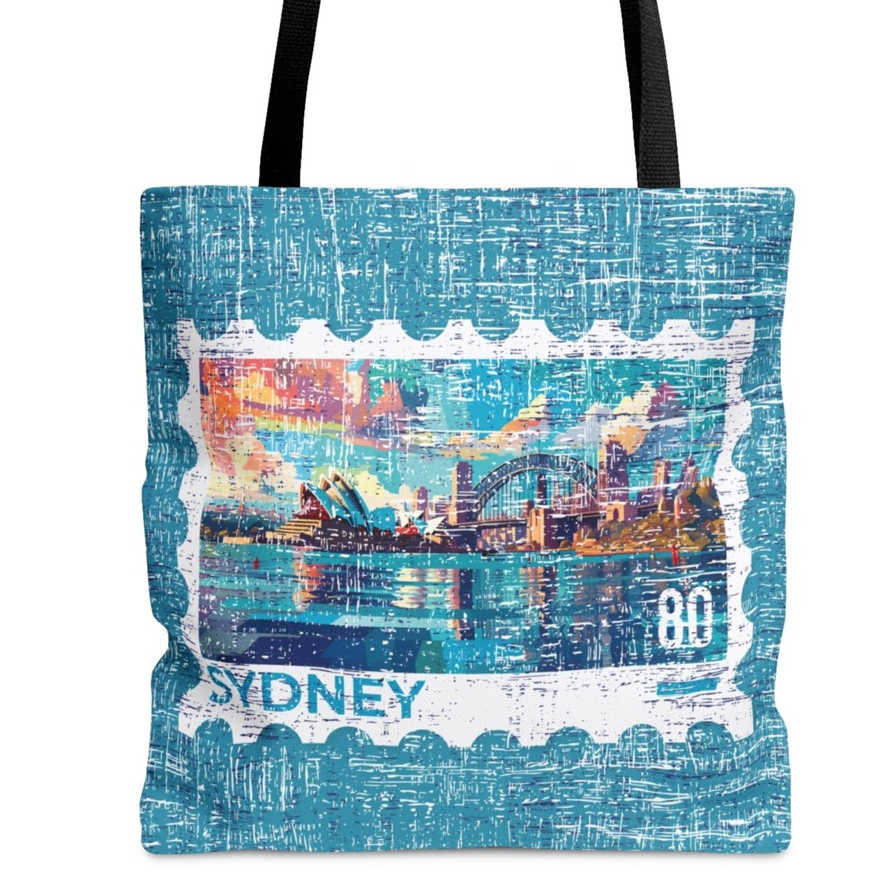 Sydney Stamp Large Tote Bag - Australian Landmark Cityscape on Blue Canvas - Eddy and Rita