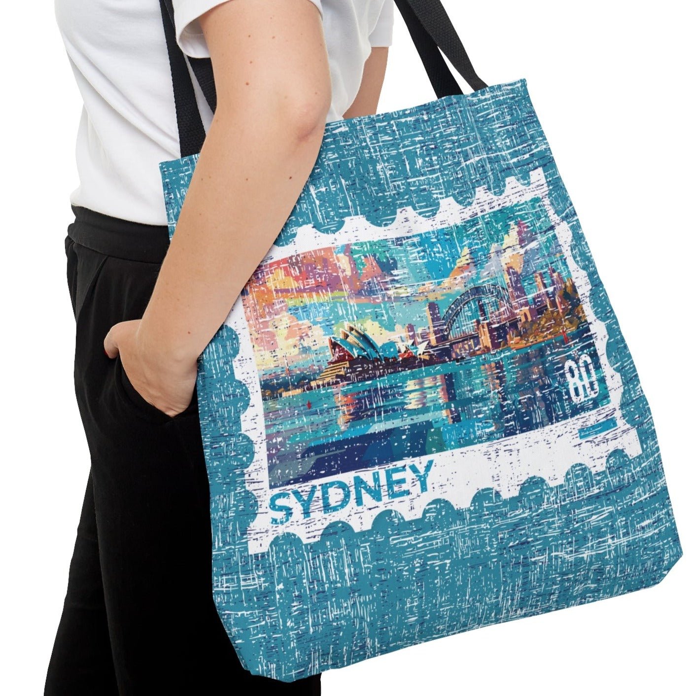 Sydney Stamp Large Tote Bag - Australian Landmark Cityscape on Blue Canvas - Eddy and Rita