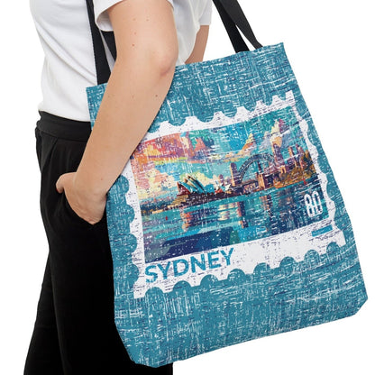 Sydney Stamp Large Tote Bag - Australian Landmark Cityscape on Blue Canvas - Eddy and Rita