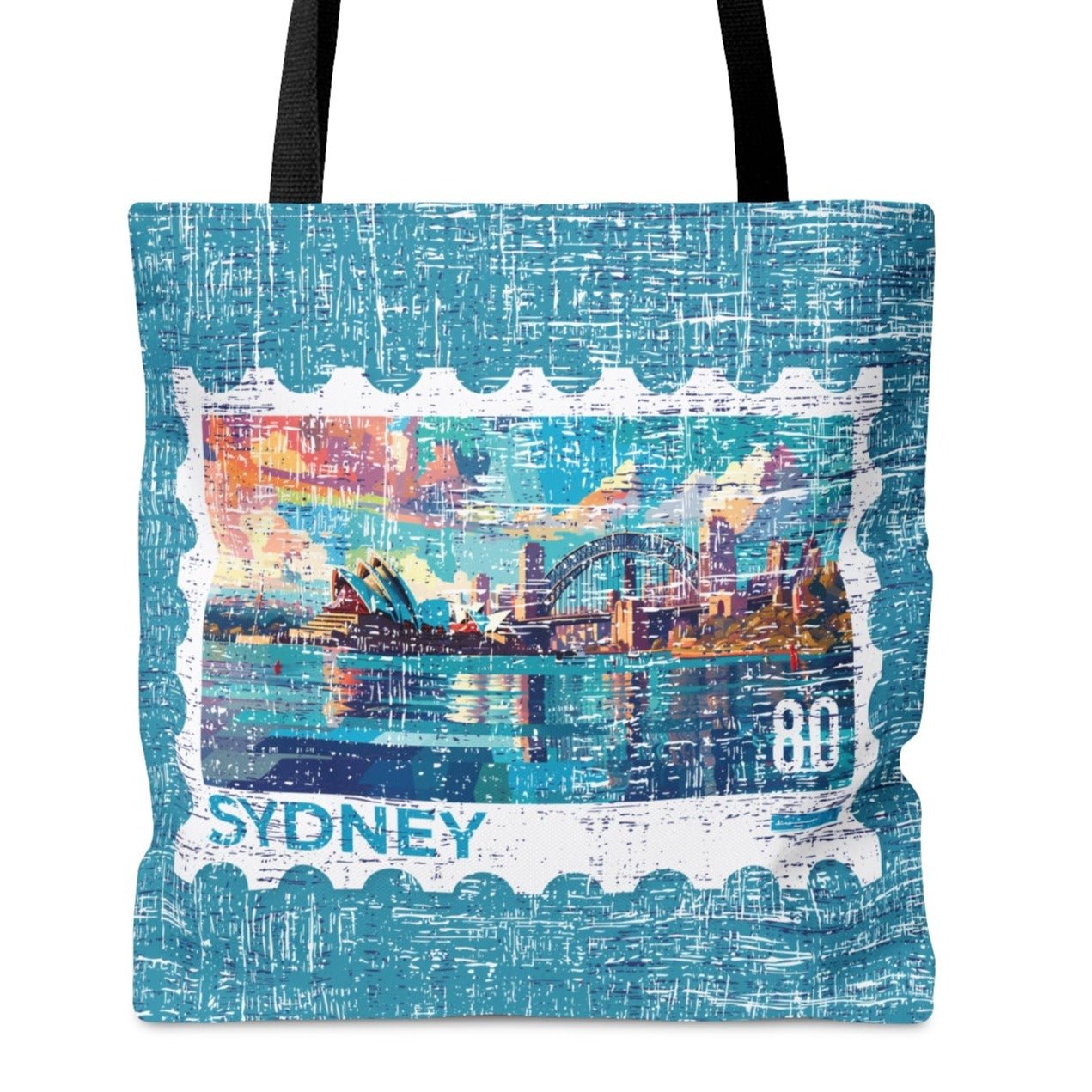 Sydney Stamp Large Tote Bag - Australian Landmark Cityscape on Blue Canvas - Eddy and Rita